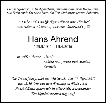 Traueranzeige von Hans Ahrend 