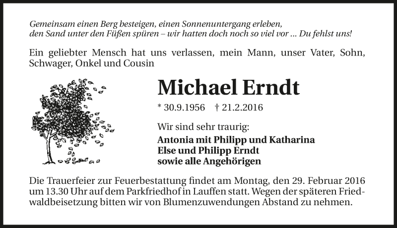  Traueranzeige für Michael Erndt vom 25.02.2016 aus 