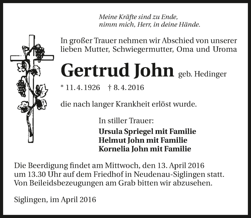  Traueranzeige für Gertrud John vom 12.04.2016 aus 