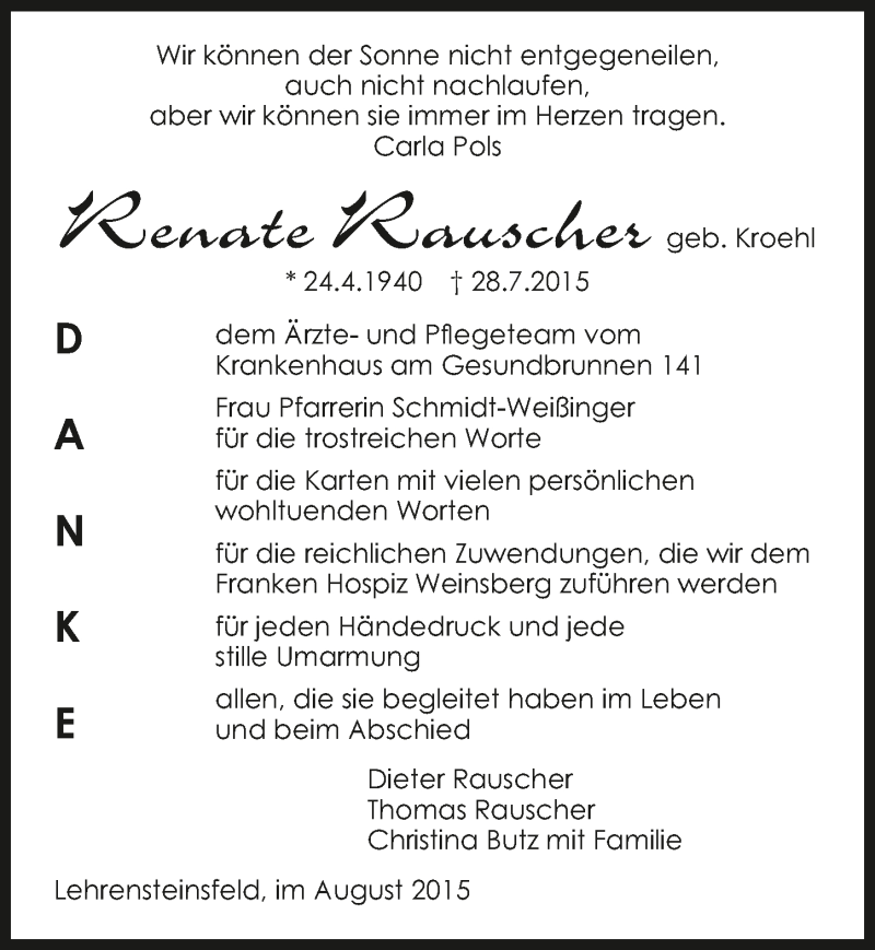  Traueranzeige für Renate Rauscher vom 06.08.2015 aus 