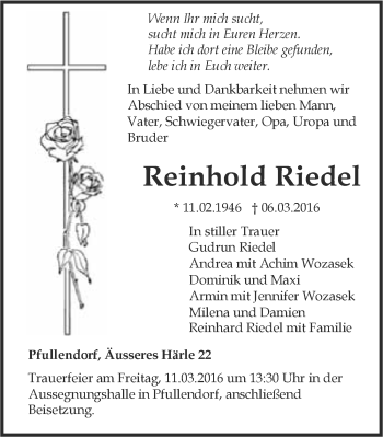 Traueranzeige von Reinhold Riedel 