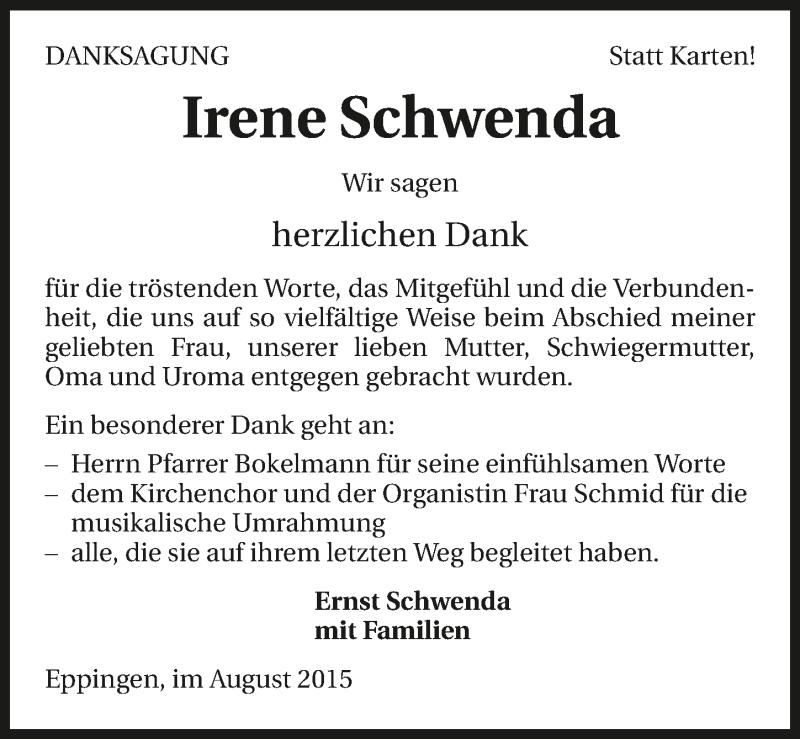  Traueranzeige für Irene Schwenda vom 07.08.2015 aus 