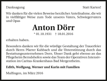 Traueranzeige von Anton Dörr 