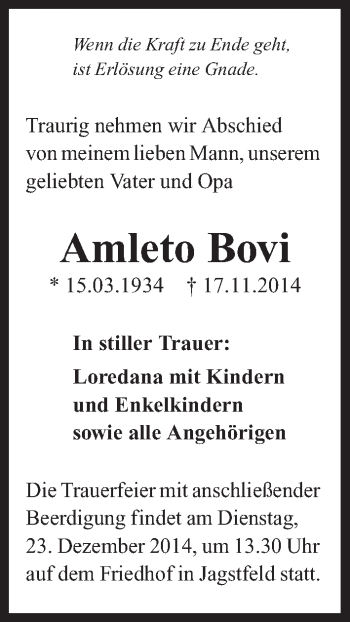 Traueranzeige von Amleto Bovi 