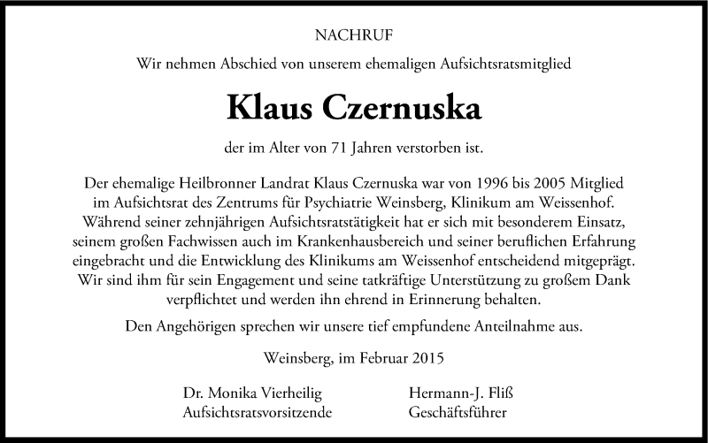  Traueranzeige für Klaus Czernuska vom 06.02.2015 aus 