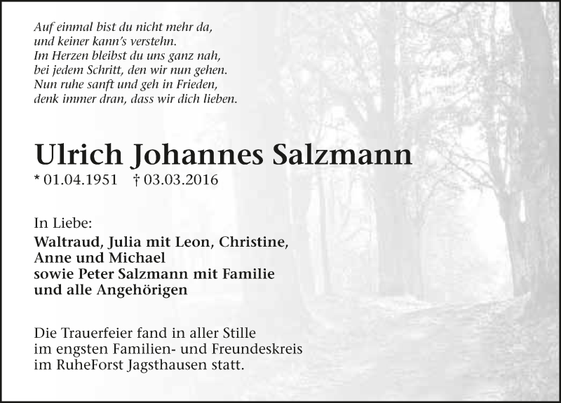  Traueranzeige für Ulrich Johannes Salzmann vom 14.03.2016 aus 