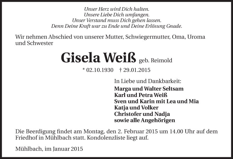 Traueranzeige für Gisela Weiß vom 30.01.2015 aus 
