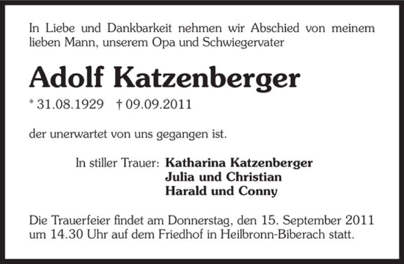  Traueranzeige für Adolf Katzenberger vom 13.09.2011 aus 