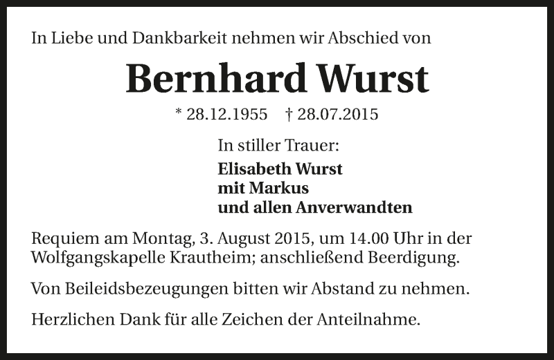  Traueranzeige für Bernhard Wurst vom 31.07.2015 aus 