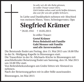 Traueranzeige von Siegfried Krämer 