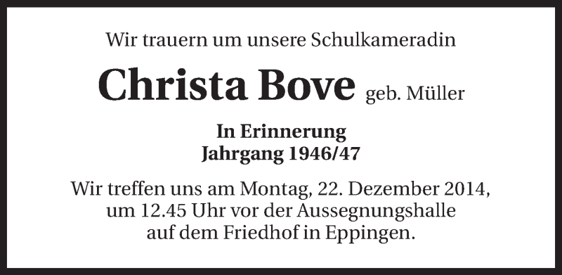  Traueranzeige für Christa Bove vom 20.12.2014 aus 