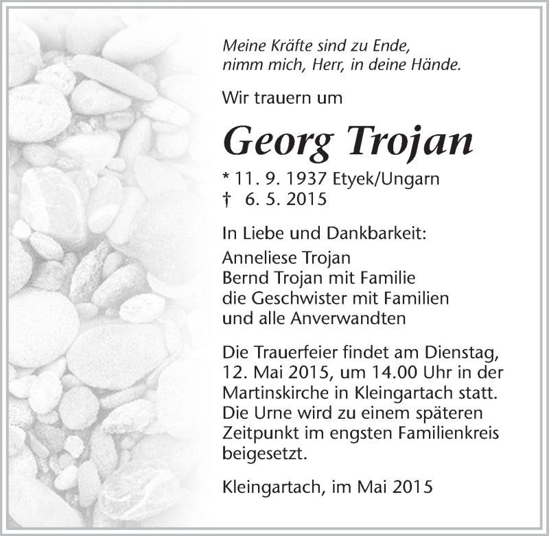  Traueranzeige für Georg Trojan vom 09.05.2015 aus 