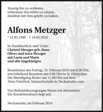 Traueranzeige von Alfons Metzger 