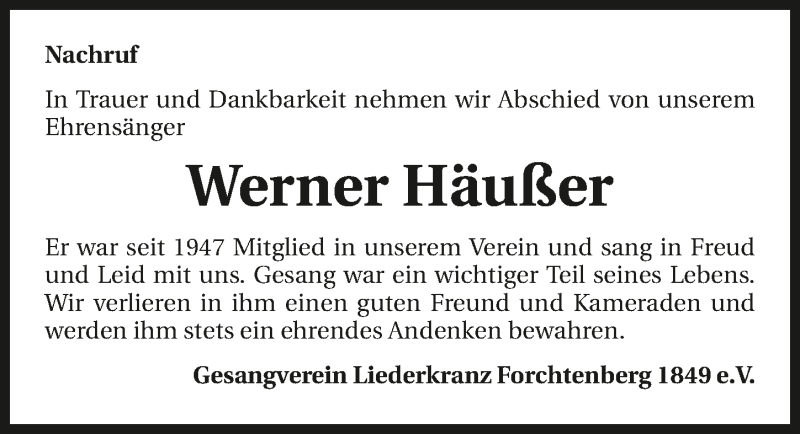  Traueranzeige für Werner Häußer vom 04.03.2016 aus 