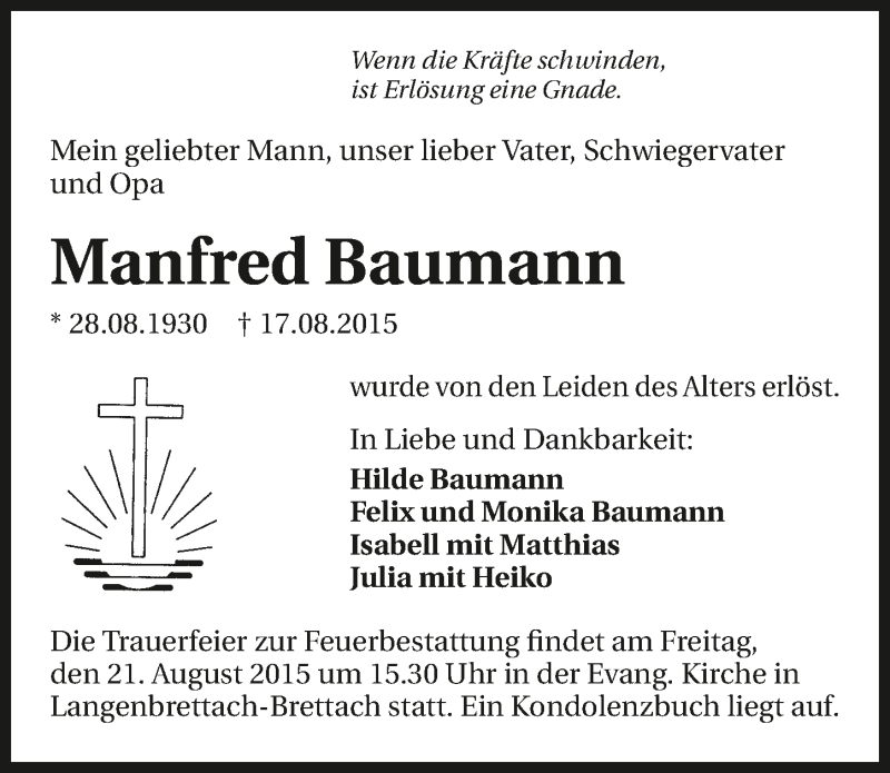 Traueranzeige für Manfred Baumann vom 19.08.2015 aus 