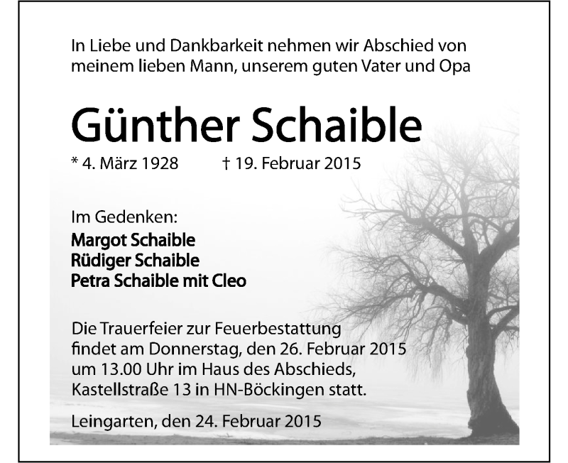  Traueranzeige für Günther Schaible vom 24.02.2015 aus 