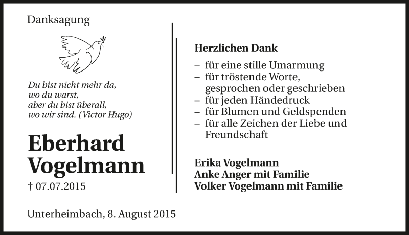  Traueranzeige für Eberhard Vogelmann vom 08.08.2015 aus 