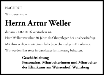 Traueranzeige von Artur Weller 