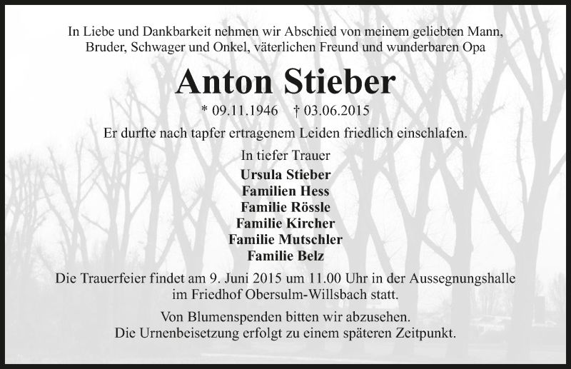  Traueranzeige für Anton Stieber vom 06.06.2015 aus 