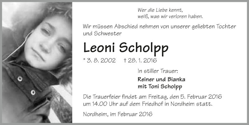  Traueranzeige für Leoni Scholpp vom 03.02.2016 aus 