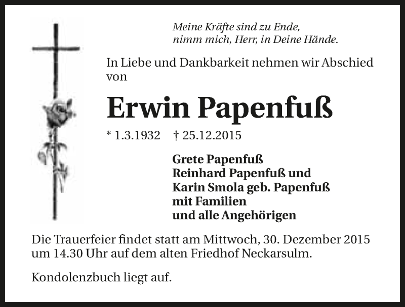  Traueranzeige für Erwin Papenfuß vom 29.12.2015 aus 