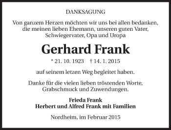 Traueranzeige von Gerhard Frank 
