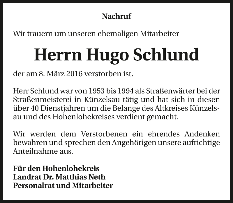  Traueranzeige für Hugo Schlund vom 10.03.2016 aus 