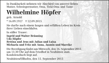 Traueranzeige von Wilhelmine Höpfer 