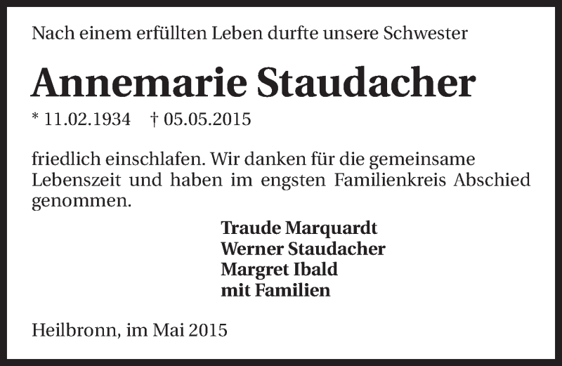  Traueranzeige für Annemarie Staudacher vom 23.05.2015 aus 
