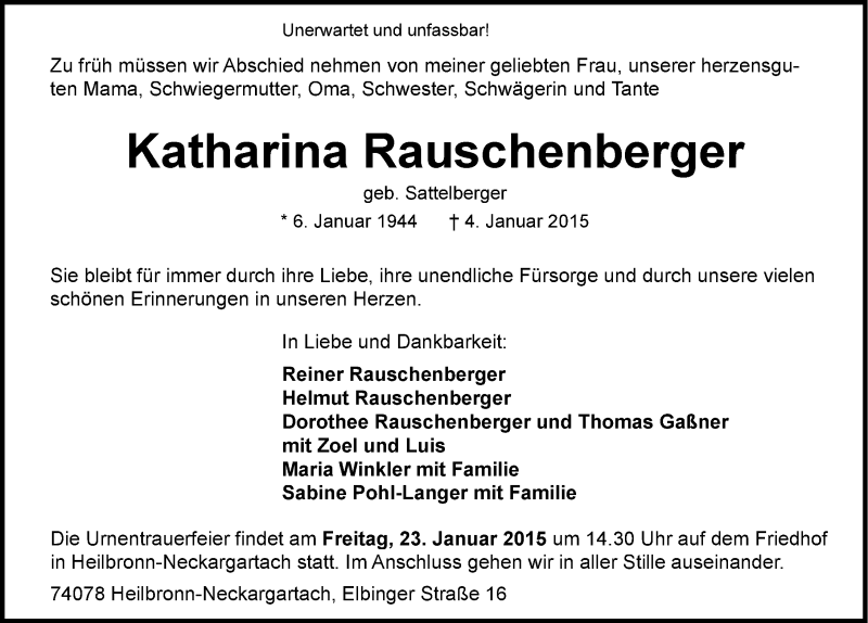  Traueranzeige für Katharina Rauschenberger vom 10.01.2015 aus 