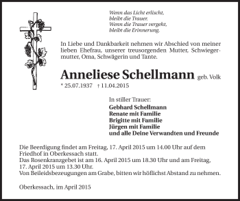 Traueranzeige von Anneliese Schellmann 