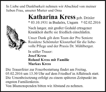 Traueranzeige von Katharina Kress 