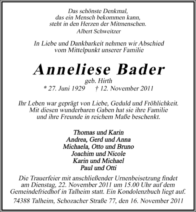  Traueranzeige für Anneliese Bader vom 16.11.2011 aus 