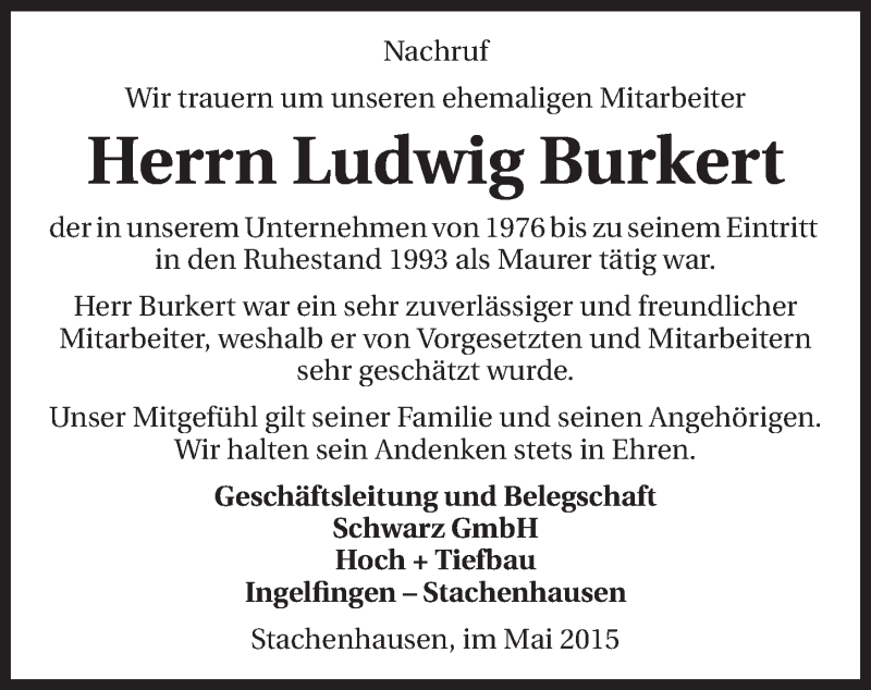  Traueranzeige für Ludwig Burkert vom 06.05.2015 aus 