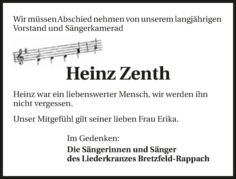  Traueranzeige für Heinz Zenth vom 22.09.2015 aus 