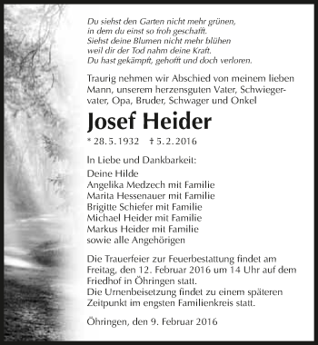 Traueranzeige von Josef Heider 