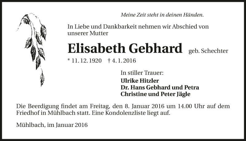  Traueranzeige für Elisabeth Gebhard vom 07.01.2016 aus 