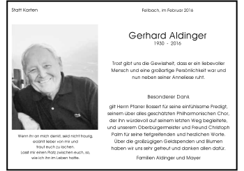 Traueranzeige von Gerhard Aldinger 