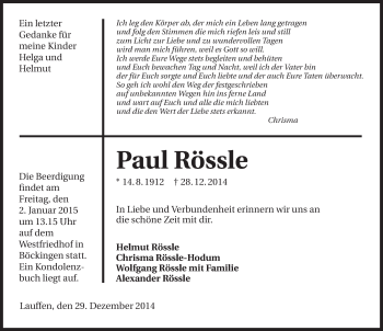 Traueranzeige von Paul Rössle 