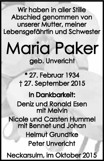Traueranzeige von Maria Paker 