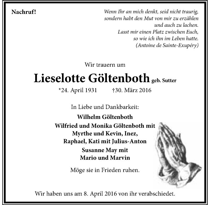  Traueranzeige für Lieselotte Göltenboth vom 09.04.2016 aus 