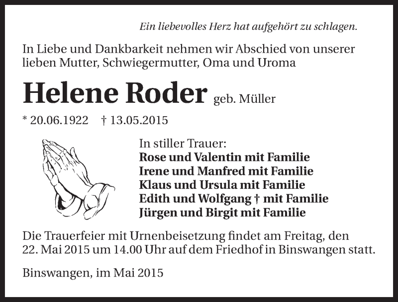  Traueranzeige für Helene Roder vom 20.05.2015 aus 