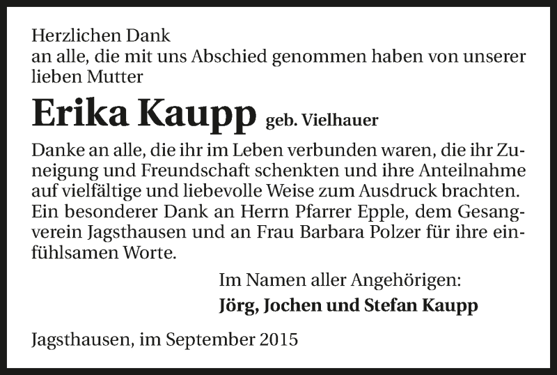  Traueranzeige für Erika Kaupp vom 30.09.2015 aus 
