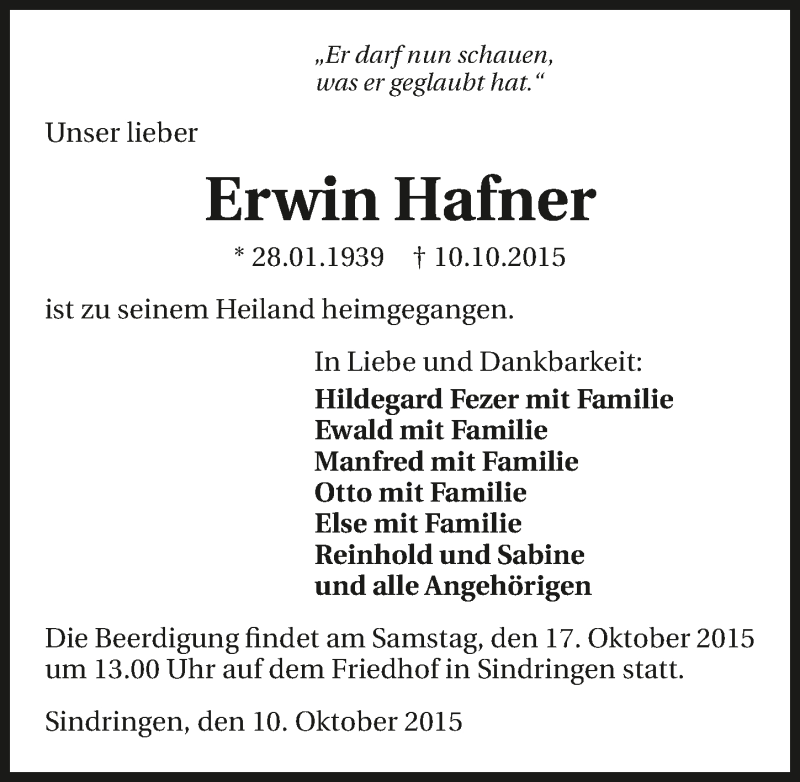  Traueranzeige für Erwin Hafner vom 14.10.2015 aus 