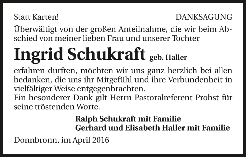  Traueranzeige für Ingrid Schukraft vom 27.04.2016 aus 