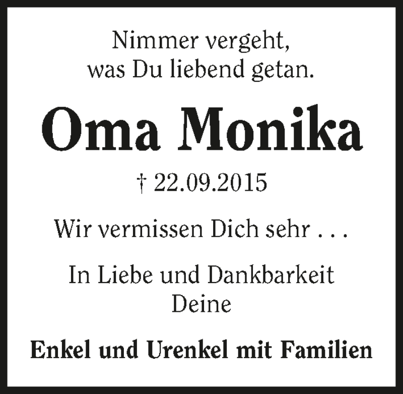  Traueranzeige für Monika Heimann vom 01.10.2015 aus 