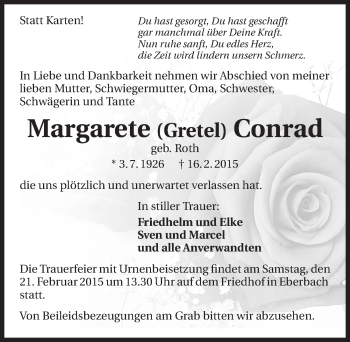 Traueranzeige von Margarete Conrad 