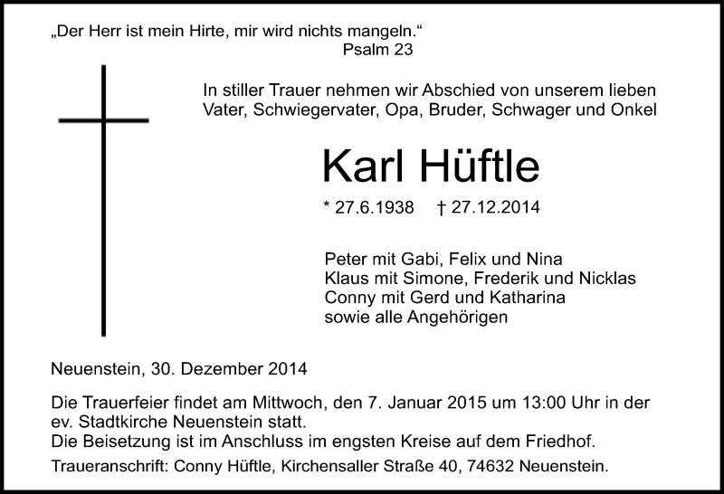 Traueranzeige für Karl Hüftle vom 30.12.2014 aus 