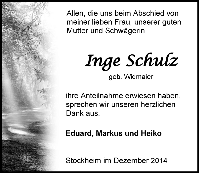  Traueranzeige für Inge Schulz vom 23.12.2014 aus 