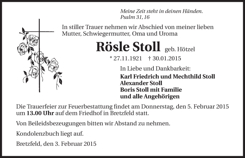  Traueranzeige für Rösle Stoll vom 03.02.2015 aus 